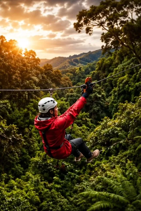 Persona con casco cruzando el bosque colgada de un cable de canopy