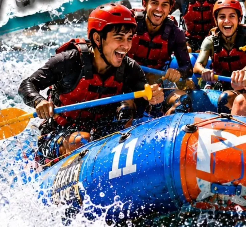 Estudiantes con casco y chaleco remando en una balsa de rafting