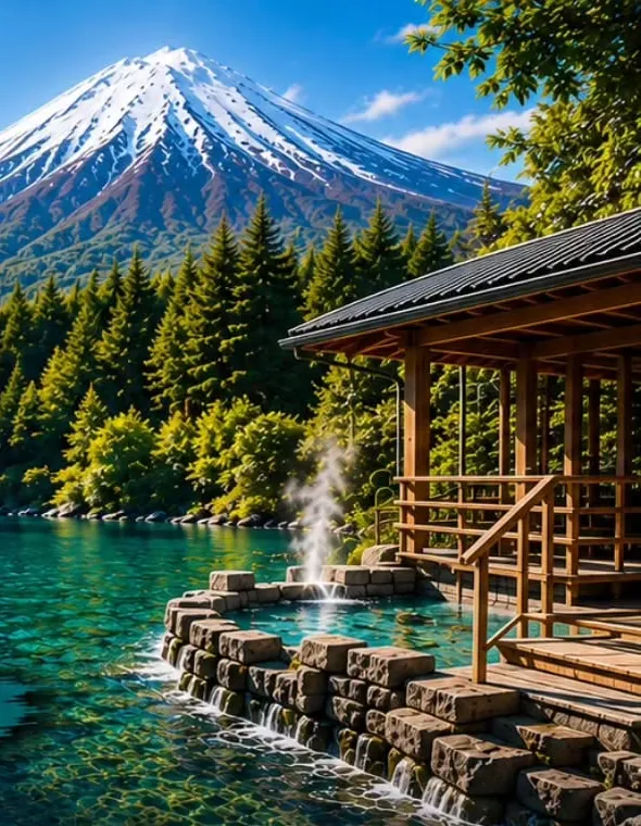 Termas junto a un lago con el volcán nevado de fondo